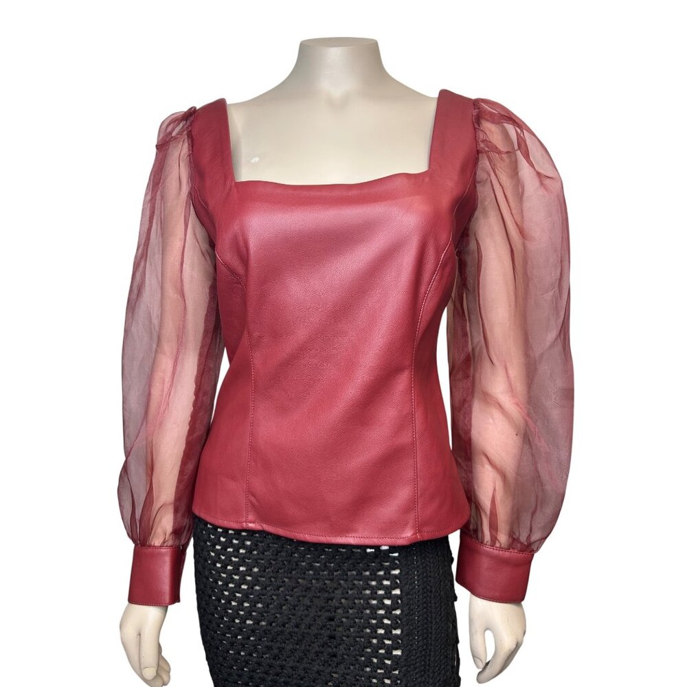 TG-5 Marc New York XS Rhubarb Square Neck Faux Leather Top W/ Sheer Sleeves